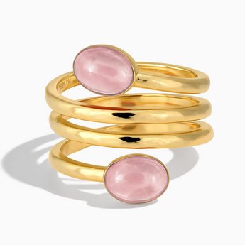 18KT Yellow Gold Vermeil Double Cabochon Rose Quartz Coil Ring - Endless Winding Front View