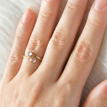 18KT Yellow Gold Vermeil Double Cabochon Rose Quartz Ring - Twins Collection Worn View