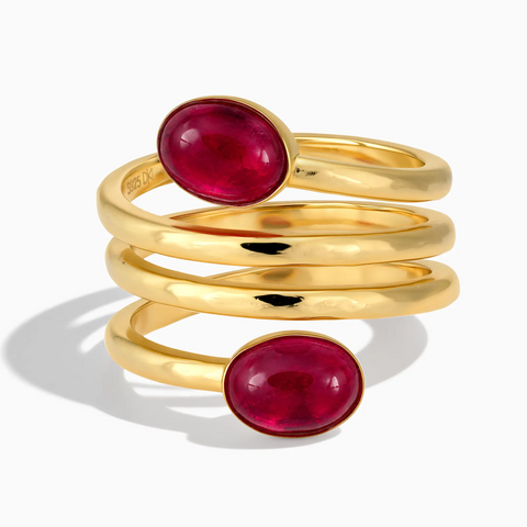18KT Yellow Gold Vermeil Double Cabochon Ruby Coil Ring - Endless Winding Front View