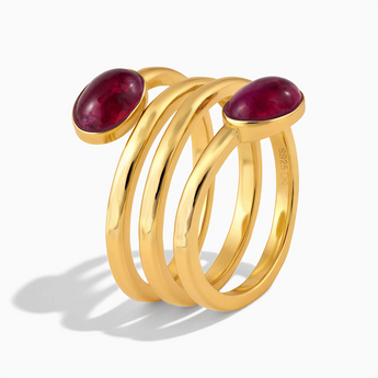 18KT Yellow Gold Vermeil Double Cabochon Ruby Coil Ring - Endless Winding Side View