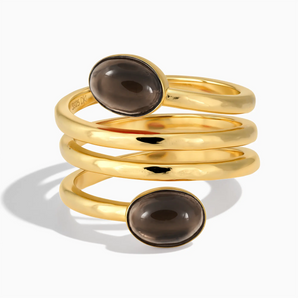 18KT Yellow Gold Vermeil Double Cabochon Smoky Quartz Coil Ring - Endless Winding Front View