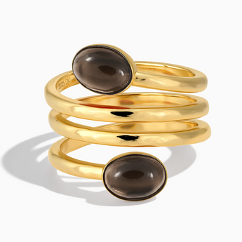 18KT Yellow Gold Vermeil Double Cabochon Smoky Quartz Coil Ring - Endless Winding Front View