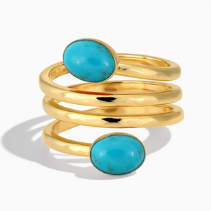 18KT Yellow Gold Vermeil Double Cabochon Turquoise Coil Ring - Endless Winding Front View