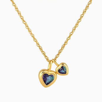 18KT Yellow Gold Vermeil Double Heart Alexandrite Bezel Necklace - Coeur Echo Front View