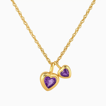 18KT Yellow Gold Vermeil Double Heart Amethyst Bezel Necklace - Coeur Echo Front View