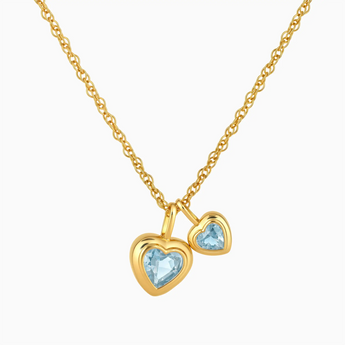 18KT Yellow Gold Vermeil Double Heart Aquamarine Bezel Necklace - Coeur Echo Front View