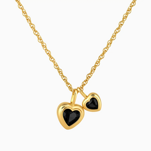 18KT Yellow Gold Vermeil Double Heart Black Onyx Bezel Necklace - Coeur Echo Front View