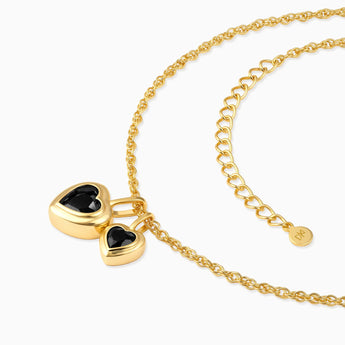 18KT Yellow Gold Vermeil Double Heart Black Onyx Bezel Necklace - Coeur Echo Side View