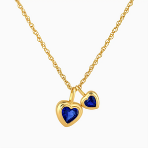 18KT Yellow Gold Vermeil Double Heart Blue Sapphire Bezel Necklace - Coeur Echo Front View