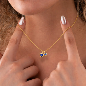 18KT Yellow Gold Vermeil Double Heart Blue Sapphire Bezel Necklace - Coeur Echo Model Shot
