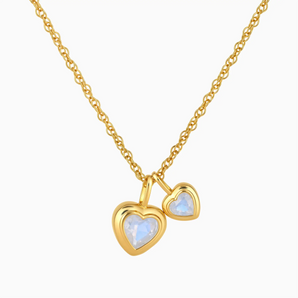 18KT Yellow Gold Vermeil Double Heart Moonstone Bezel Necklace - Coeur Echo Front View
