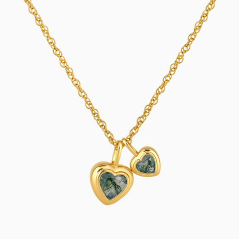 18KT Yellow Gold Vermeil Double Heart Moss Agate Bezel Necklace - Coeur Echo Front View