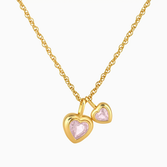 18KT Yellow Gold Vermeil Double Heart Rose Quartz Bezel Necklace - Coeur Echo Front View