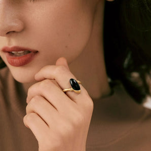 18KT Yellow Gold Vermeil Elongated Oval Black Onyx Sculptural Statement Ring - Cove Worn View