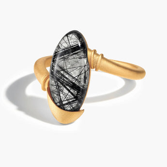 18KT Yellow Gold Vermeil Elongated Oval Black Rutilated Quartz Sculptural Statement Ring - Cove Front View
