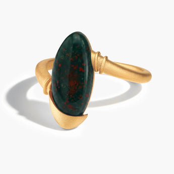 18KT Yellow Gold Vermeil Elongated Oval Bloodstone Sculptural Statement Ring - Cove Front View