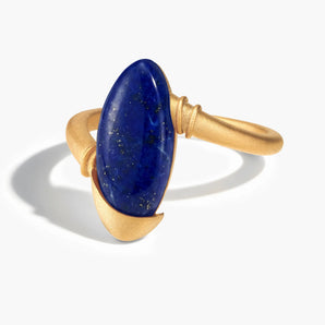 18KT Yellow Gold Vermeil Elongated Oval Lapis Lazuli Sculptural Statement Ring - Cove Front View