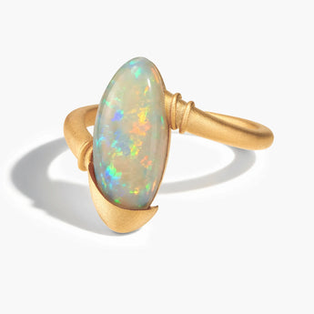 18KT Yellow Gold Vermeil Elongated Oval Opal Sculptural Statement Ring - Cove Front View