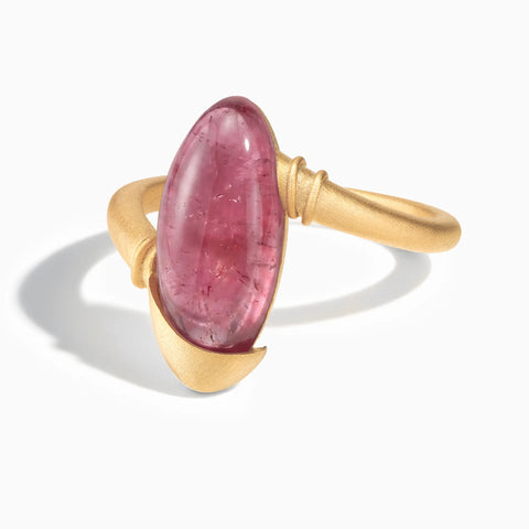 18KT Yellow Gold Vermeil Elongated Oval Pink Tourmaline Sculptural Statement Ring - Cove Front View