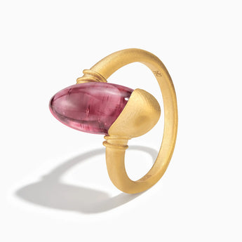 18KT Yellow Gold Vermeil Elongated Oval Pink Tourmaline Sculptural Statement Ring - Cove Side View