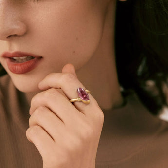 18KT Yellow Gold Vermeil Elongated Oval Pink Tourmaline Sculptural Statement Ring - Cove Worn View