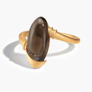 18KT Yellow Gold Vermeil Elongated Oval Smoky Quartz Sculptural Statement Ring - Cove Front View