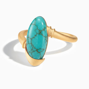 18KT Yellow Gold Vermeil Elongated Oval Turquoise Sculptural Statement Ring - Cove Front View