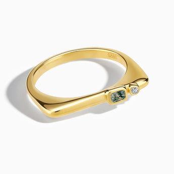 18KT Yellow Gold Vermeil Emerald Cut Moss Agate Puzzle Stacking Ring - Minimal Align Front View