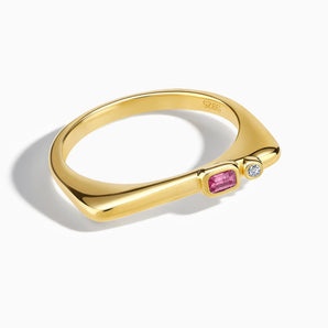 18KT Yellow Gold Vermeil Emerald Cut Pink Tourmaline Puzzle Stacking Ring - Minimal Align Front View
