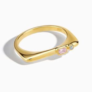 18KT Yellow Gold Vermeil Emerald Cut Rose Quartz Puzzle Stacking Ring - Minimal Align Front View