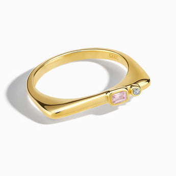 18KT Yellow Gold Vermeil Emerald Cut Rose Quartz Puzzle Stacking Ring - Minimal Align Front View