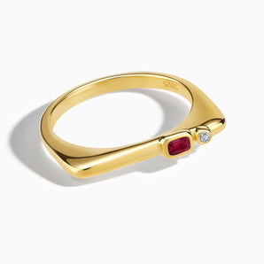 18KT Yellow Gold Vermeil Emerald Cut Ruby Puzzle Stacking Ring - Minimal Align Front View