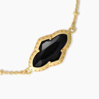 18KT Yellow Gold Vermeil Flower Black Onyx Bezel Bracelet - Retro Charm Detail View