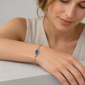 18KT Yellow Gold Vermeil Flower Blue Sapphire Bezel Bracelet Retro Charm Model Shot