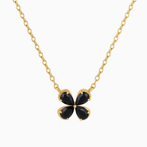 18KT Yellow Gold Vermeil Four-Leaf Black Onyx Necklace - Lucky Quartet Front View