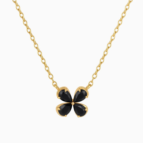 18KT Yellow Gold Vermeil Four-Leaf Black Onyx Necklace - Lucky Quartet Front View
