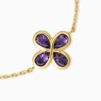 18KT Yellow Gold Vermeil Four Leaf Clover Amethyst Bracelet Fortune Wish Detail View