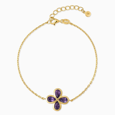 18KT Yellow Gold Vermeil Four-Leaf Clover Amethyst Bracelet - Fortune Wish Front View