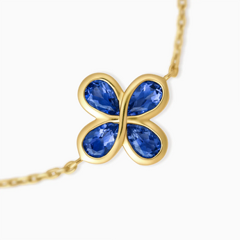18KT Yellow Gold Vermeil Four Leaf Clover Blue Sapphire Bracelet Fortune Wish Detail View