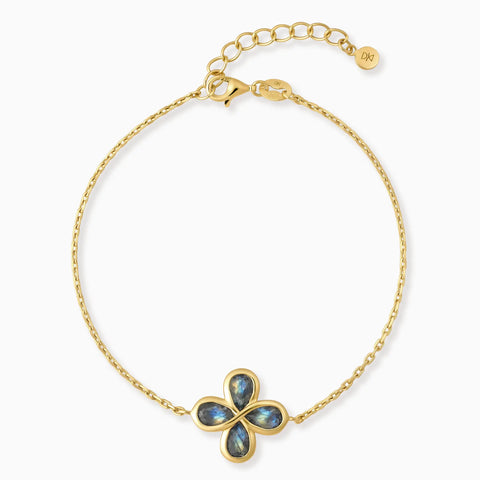 18KT Yellow Gold Vermeil Four-Leaf Clover Labradorite Bracelet - Fortune Wish Front View