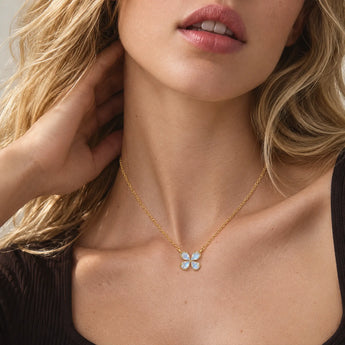 18KT Yellow Gold Vermeil Four-Leaf Clover Moonstone Necklace - Lucky Quartet Worn View