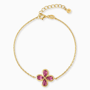 18KT Yellow Gold Vermeil Four-Leaf Clover Pink Tourmaline Bracelet - Fortune Wish Front View
