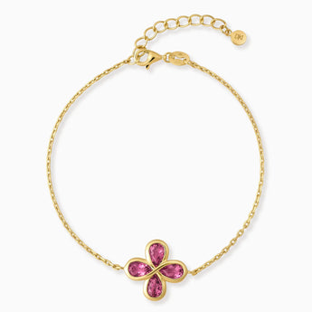 18KT Yellow Gold Vermeil Four-Leaf Clover Pink Tourmaline Bracelet - Fortune Wish Front View