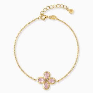 18KT Yellow Gold Vermeil Four-Leaf Clover Rose Quartz Bracelet - Fortune Wish Front View