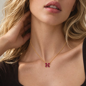 18KT Yellow Gold Vermeil Four-Leaf Clover Ruby Necklace - Lucky Quartet Worn View