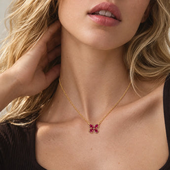 18KT Yellow Gold Vermeil Four-Leaf Clover Ruby Necklace - Lucky Quartet Worn View