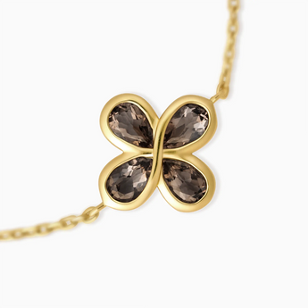 18KT Yellow Gold Vermeil Four Leaf Clover Smoky Quartz Bracelet Fortune Wish Detail View