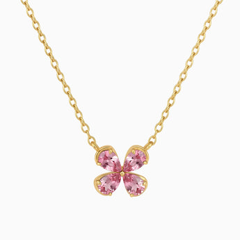 18KT Yellow Gold Vermeil Four-Leaf Pink Tourmaline Necklace - Lucky Quartet Front View