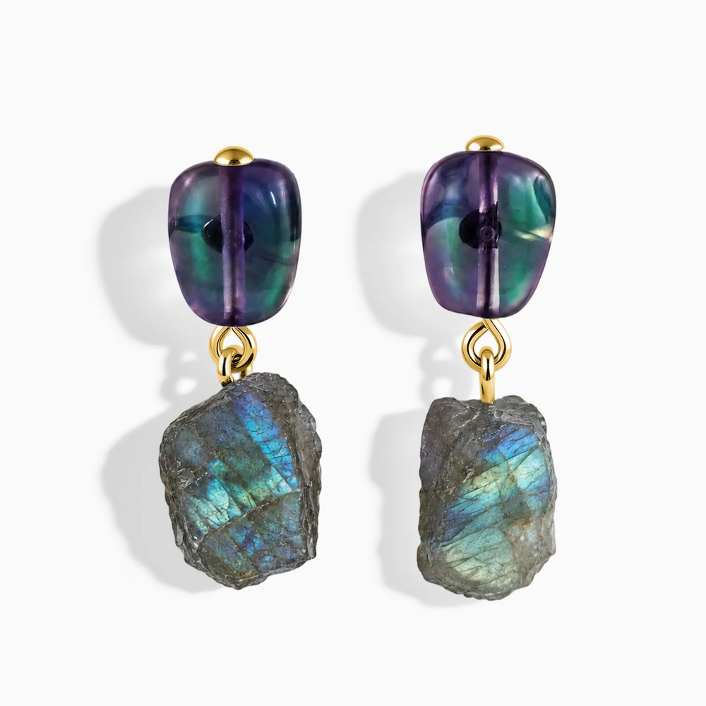 18KT Yellow Gold Vermeil Freeform Alexandrite & Raw Labradorite Stud Earrings - Tethered Earth Front View