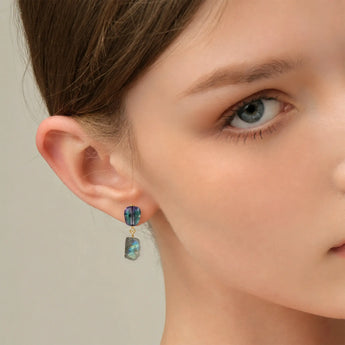 18KT Yellow Gold Vermeil Freeform Alexandrite & Raw Labradorite Stud Earrings - Tethered Earth Model Shot